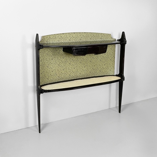 [2520006636] Consolle in legno, tessuto e paglia, 1950 ca.