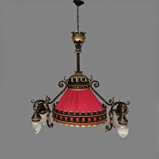 [2520006643] Lampadario in metallo e tessuto rosso, 1940 ca.