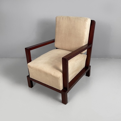 [2520006710] Poltrona in legno e tessuto beige, 1930 ca.