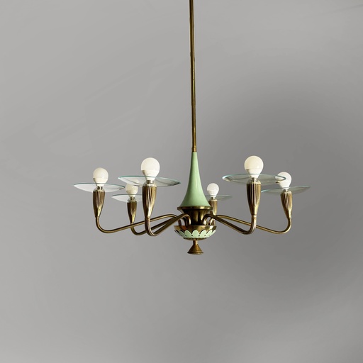 [2520006784] Lampadario in ottone, vetro e metallo verde, 1950 ca. 