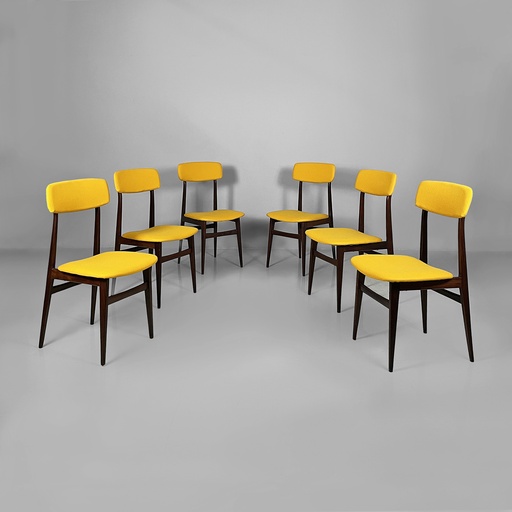 [2520006925] Sedie in legno e tessuto giallo, 1960 ca. 