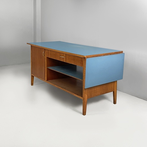 [2520006980] Tavolo da lavoro in legno e formica azzurra, 1950 ca.