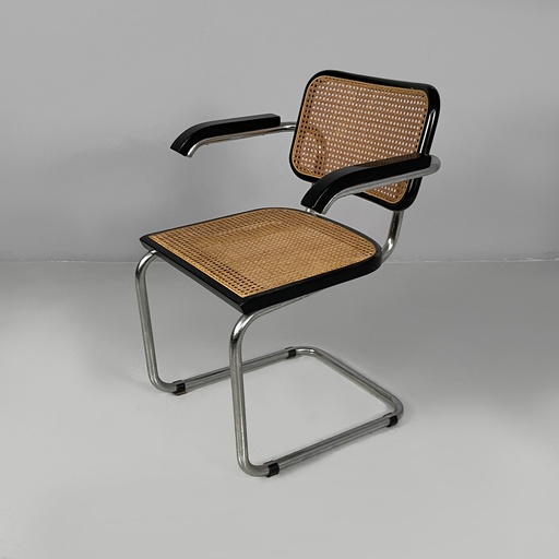 [2520007020] Sedia in paglia, legno nero e acciaio, 1960 ca. 