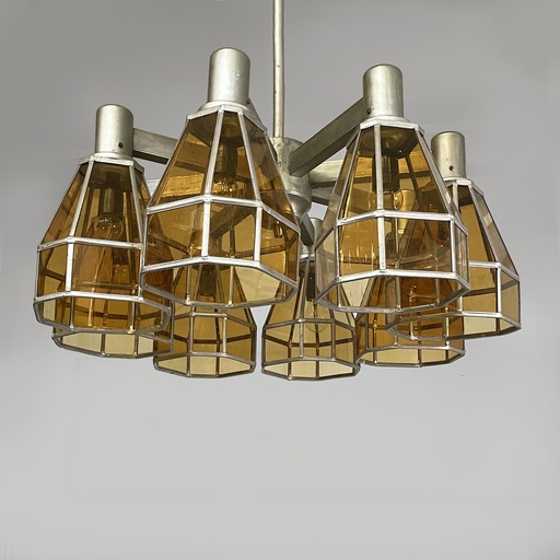 [2520007028] Lampadario in vetro giallo e metallo, 1930 ca.