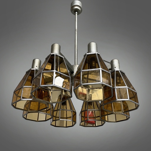 [2520007036] Lampadario in vetro giallo e metallo, 1930 ca.