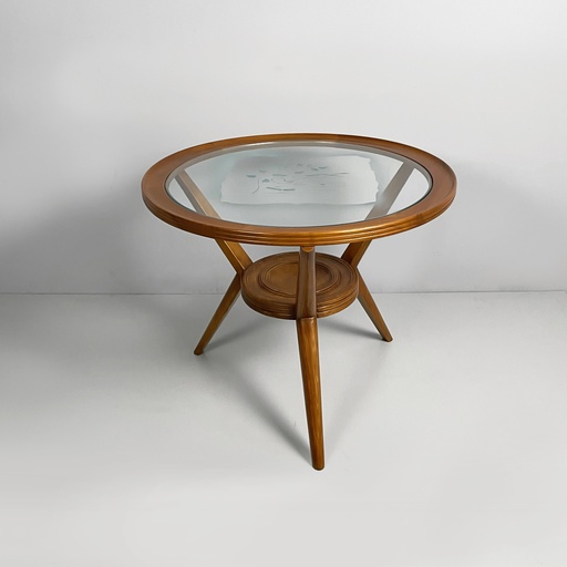 [2520007044] Tavolo da caffè in legno e vetro decorato, 1950 ca.