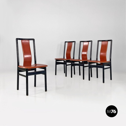 [2520007127] Sedie in pelle marrone e metallo nero, 1980 ca.