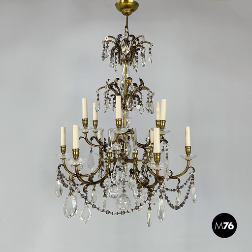[2520007139] Lampadario a gocce in vetro e ottone, 1900-1950 ca.