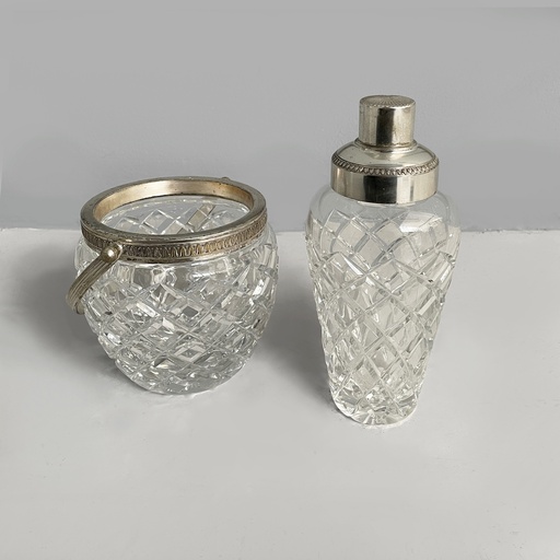 [2520007179] Shaker e secchiello per ghiaccio in vetro e metallo,  1960 ca.