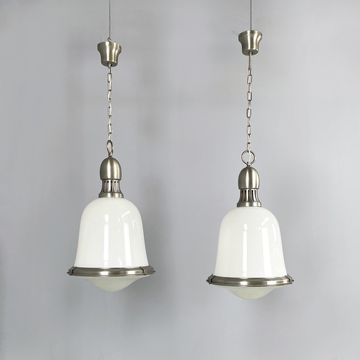 [2520007285] Lampadari in vetro opalino e metallo, 1960 ca.