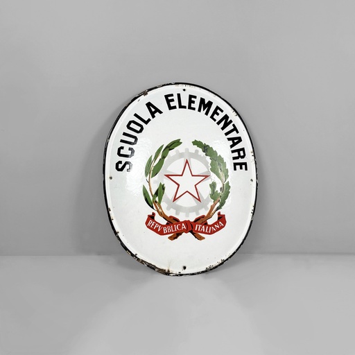 [2520007441] Insegna scuola elementare in lamiera smaltata, 1960 ca.