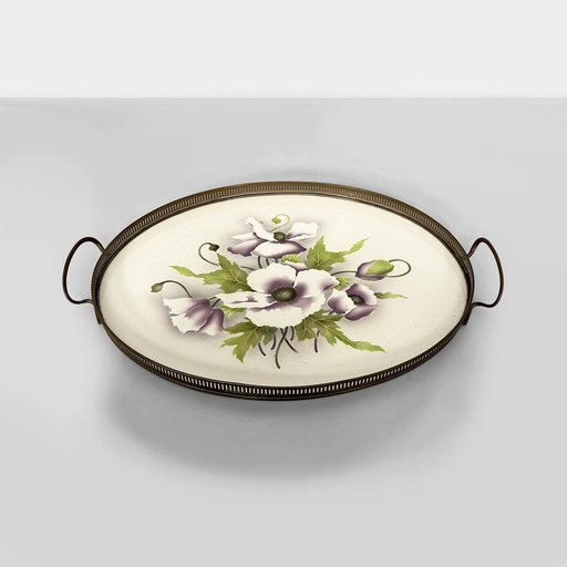 [2520007784] Vassoio con fiori in ceramica e metallo, 1920 ca.