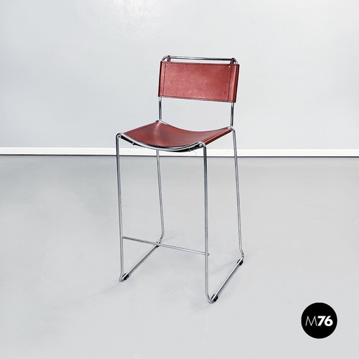 [2220002356] Sgabello in pelle marrone e acciaio,  1980 ca.