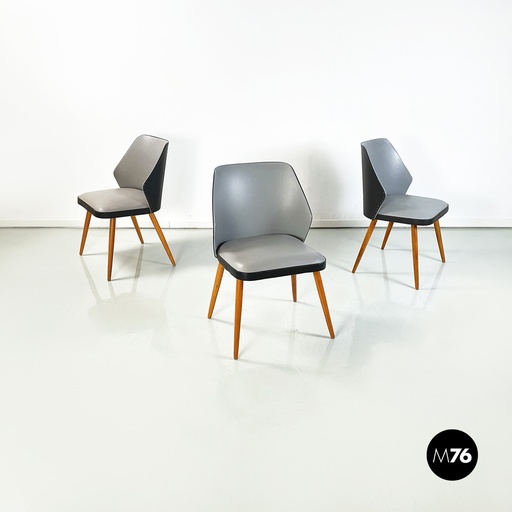 [2220003204] Sedie in legno, pelle nera e grigia, 1980 ca. 